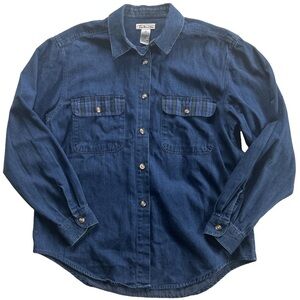 Talbots size M 70s Vintage dark wash denim button down shirt w/ plaid pockets